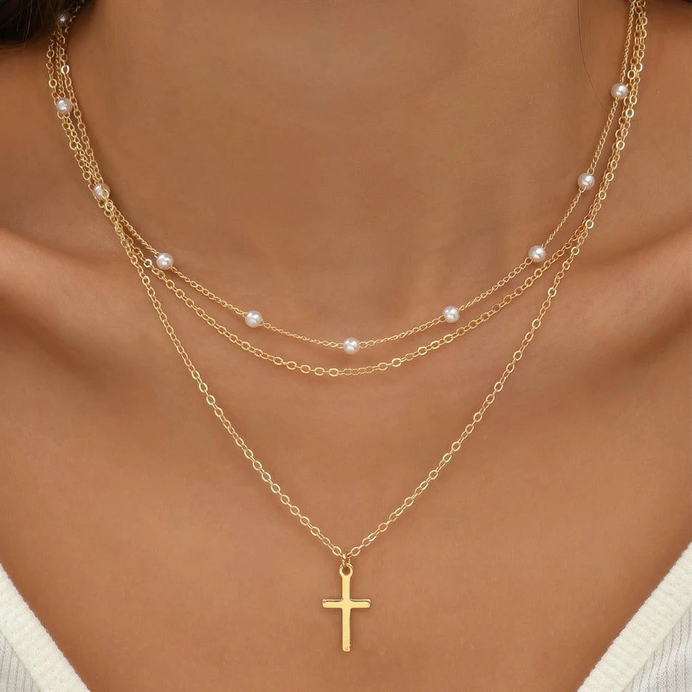 Multilayer Pearls Cross Necklace