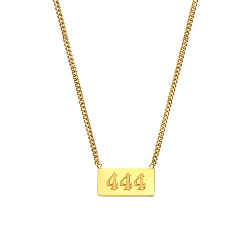 Gold necklace with a rectangular pendant displaying '444' on a white background