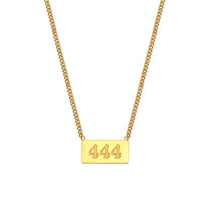Gold necklace with a rectangular pendant displaying '444' on a white background
