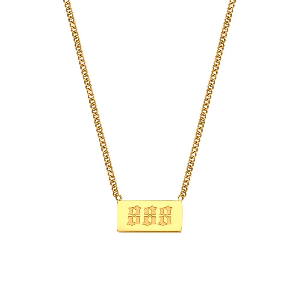 Gold necklace with a rectangular pendant displaying '888' on a white background