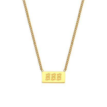 Gold necklace with a rectangular pendant displaying '888' on a white background