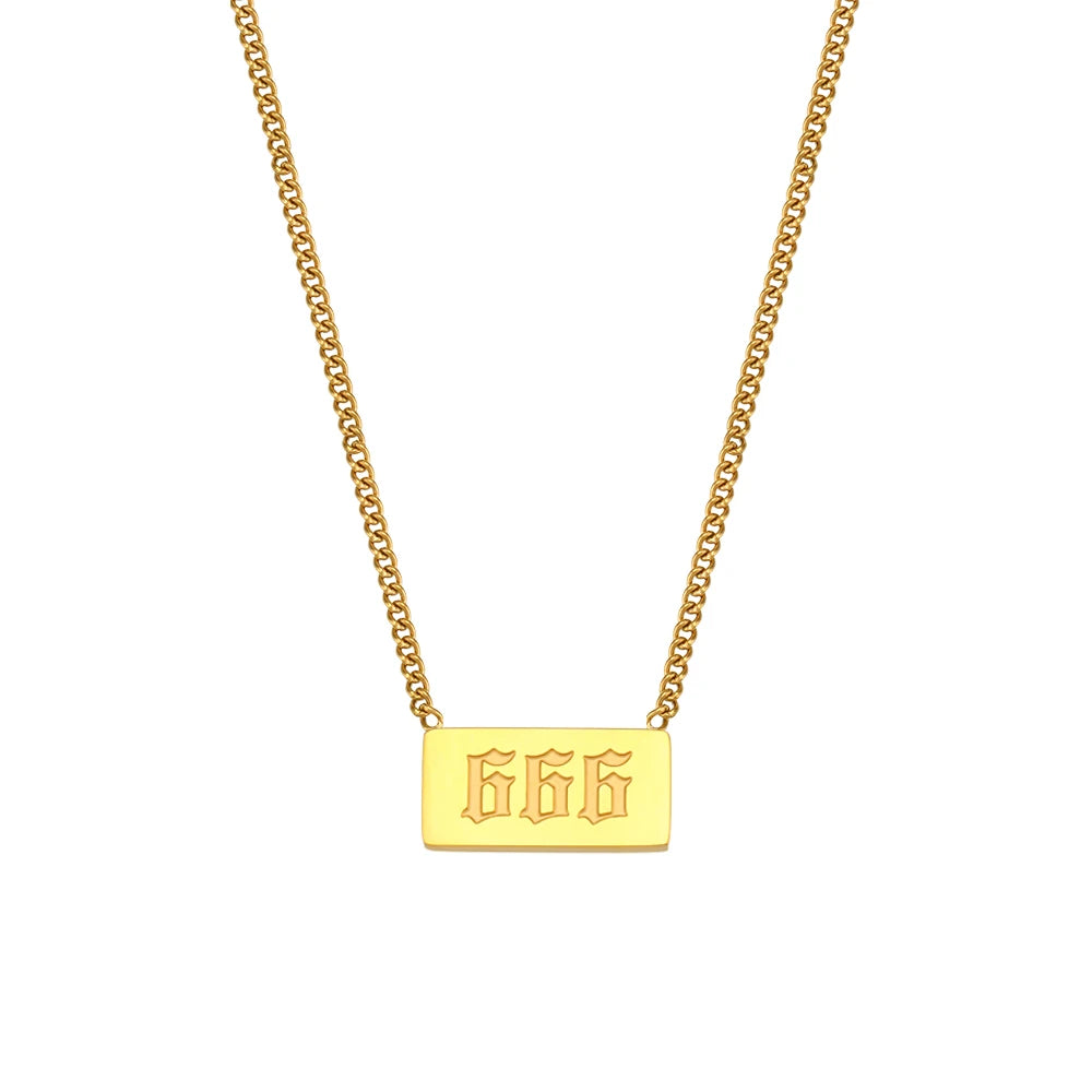 Gold necklace with a rectangular pendant displaying the number 666 on a white background