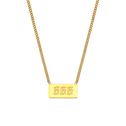 Gold necklace with a rectangular pendant displaying the number 666 on a white background