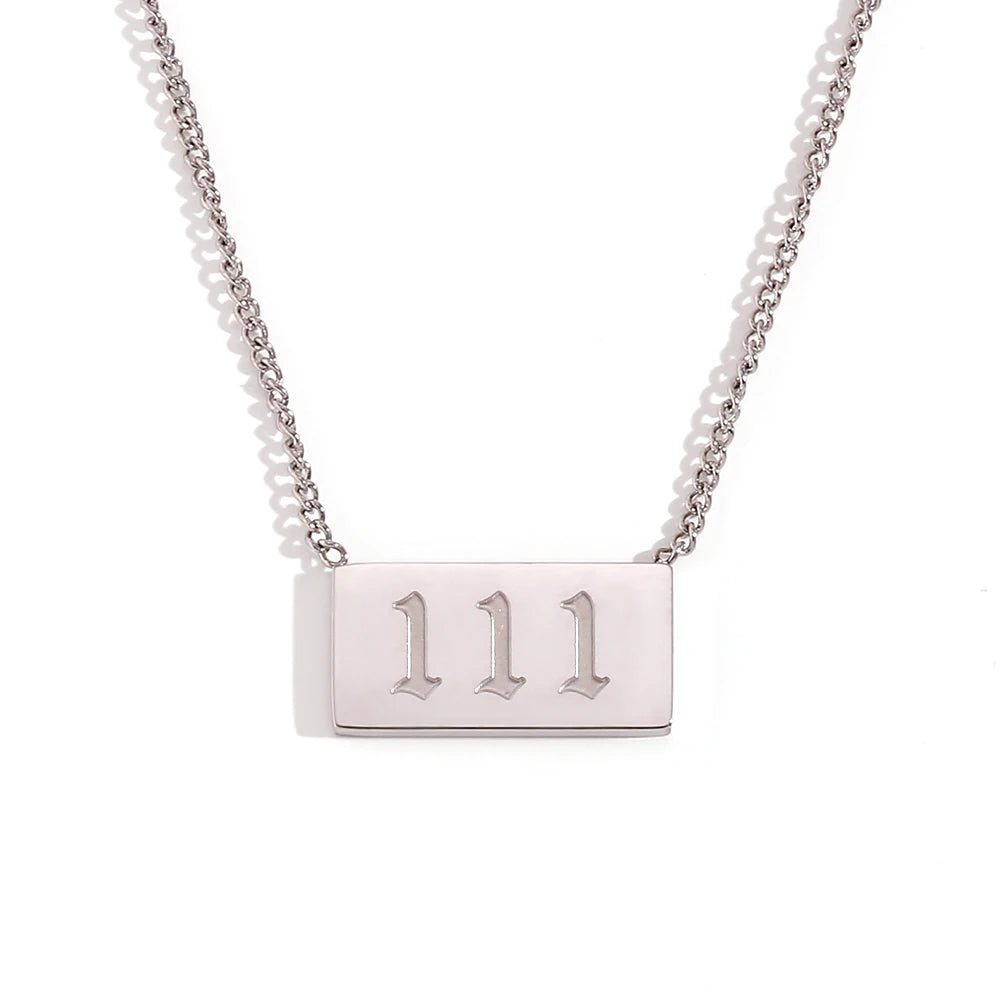 Necklace with a rectangular pendant displaying the number '111' on a white background