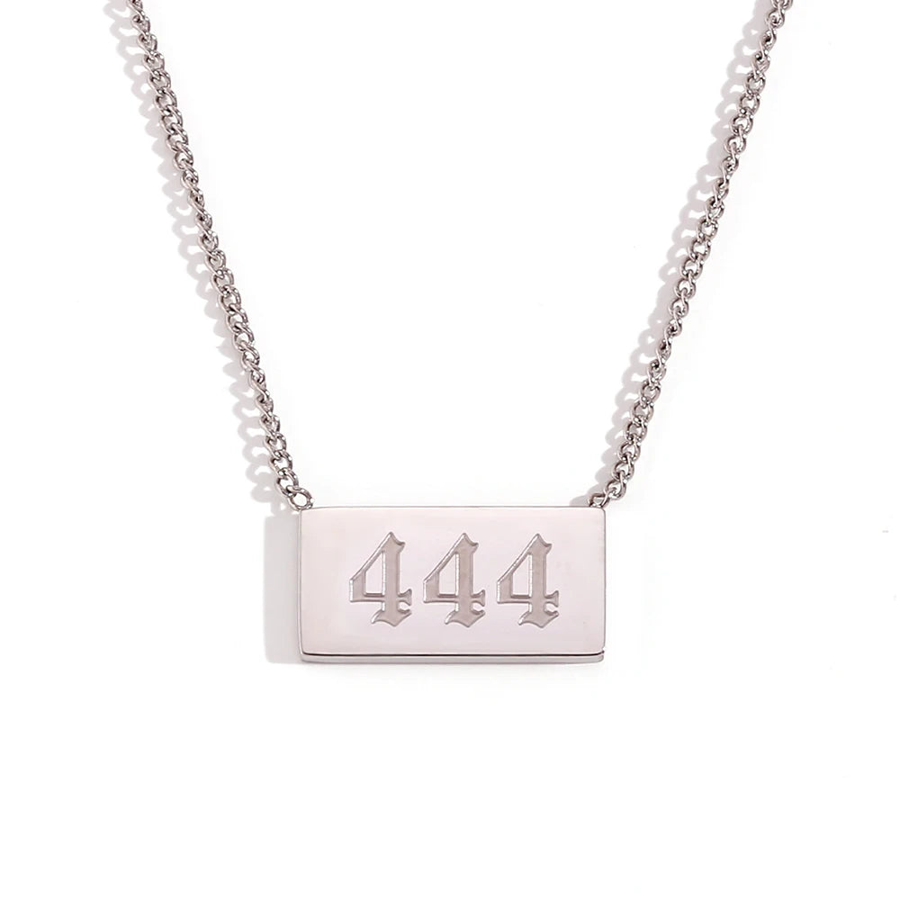 Necklace with a rectangular pendant displaying the number '444' on a white background