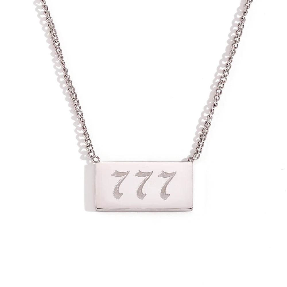 Necklace with a rectangular pendant featuring the number 777 on a white background