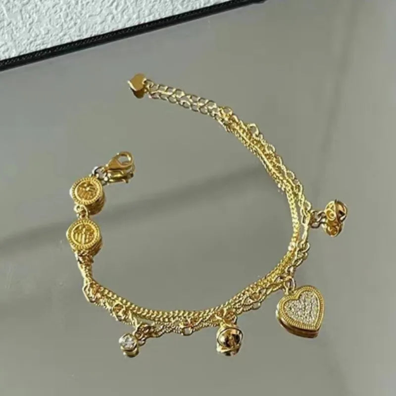 Layered Heart Bell Charms Bracelet