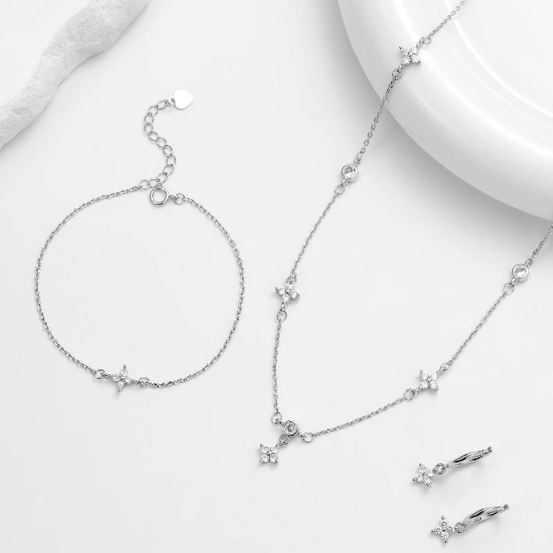 3PC Set Four-Leaf Clover Necklace, Bracelet And Earring