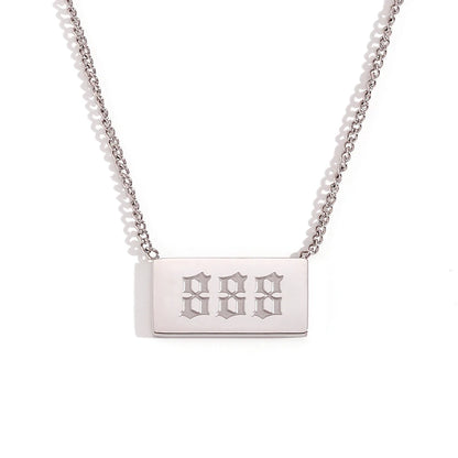 Silver necklace with a rectangular tag engraved with '888' on a white background
